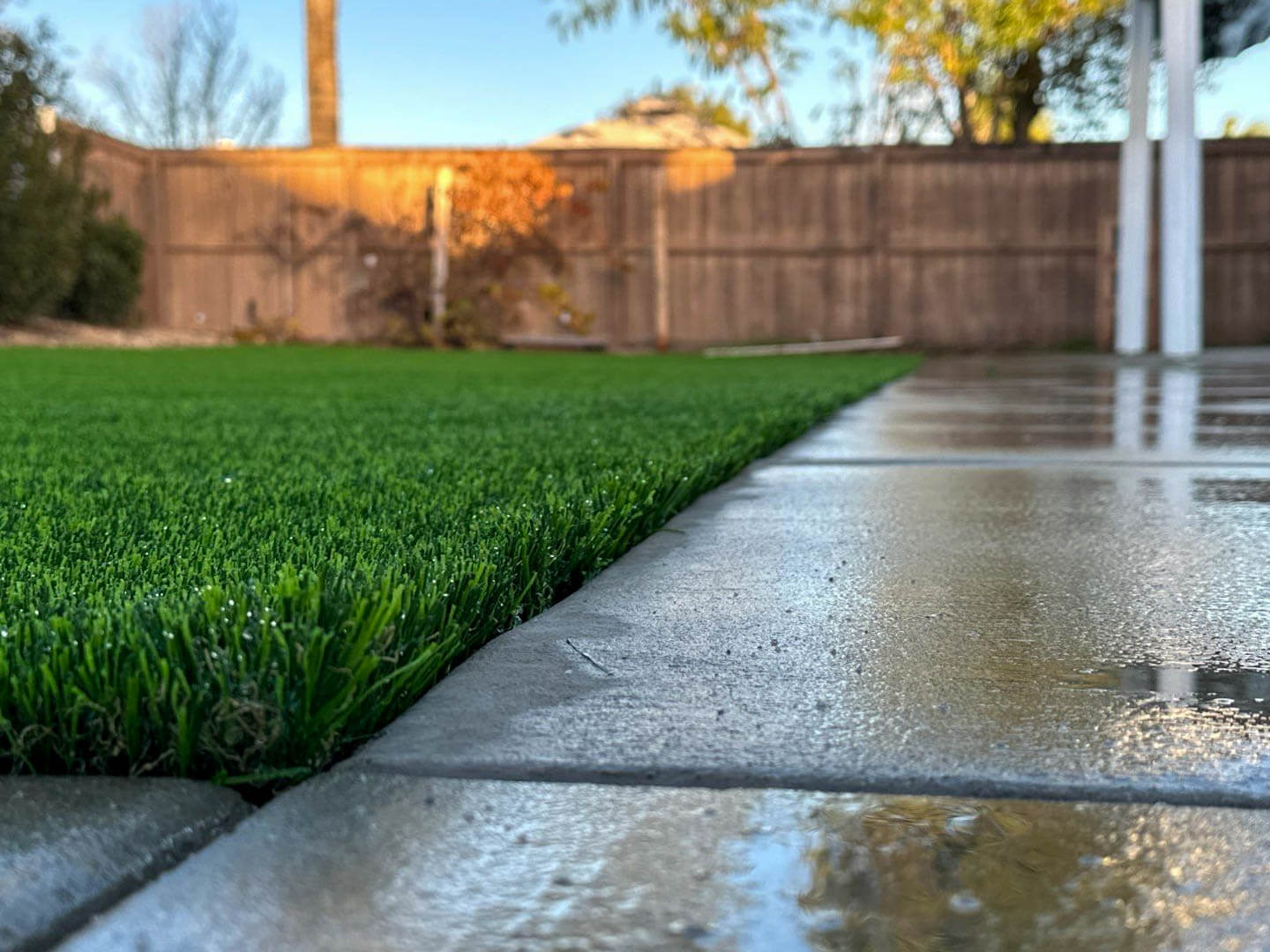 Synthetic turf rinsed with water